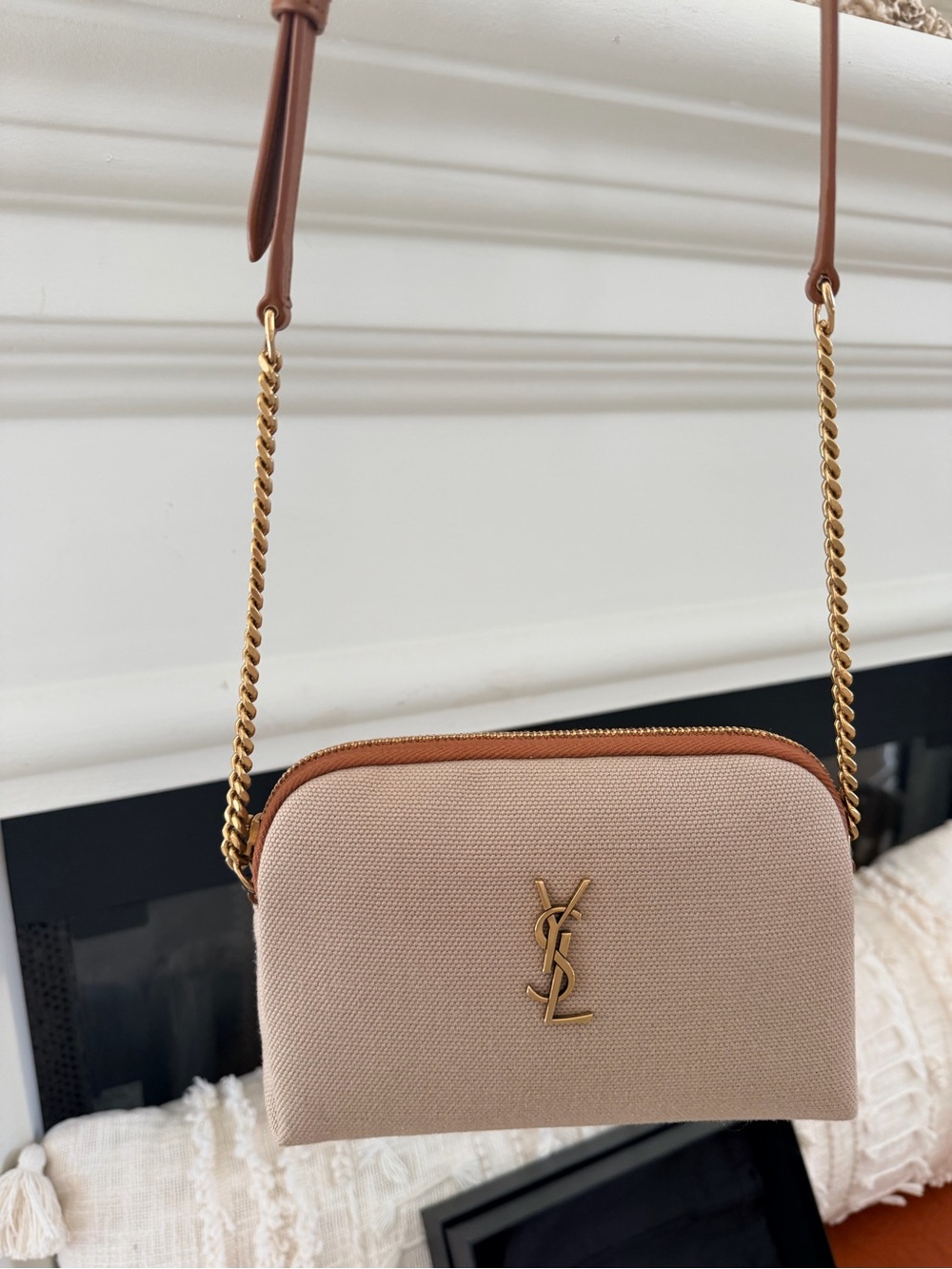 Saint Laurent Beige Canvas Crossbody with Gold Chain and Tan Trim - Picture 2 of 10